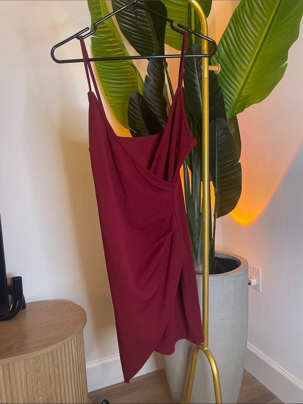 Asymmetric Burgundy Mini Slip Dress with Drape Detail